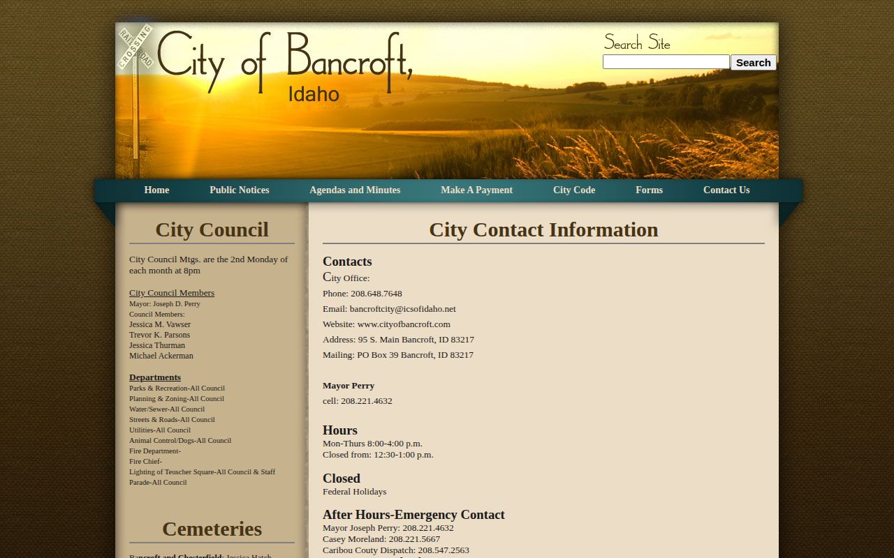Bancroft city contact page screenshot for Caribou County booking-record routing