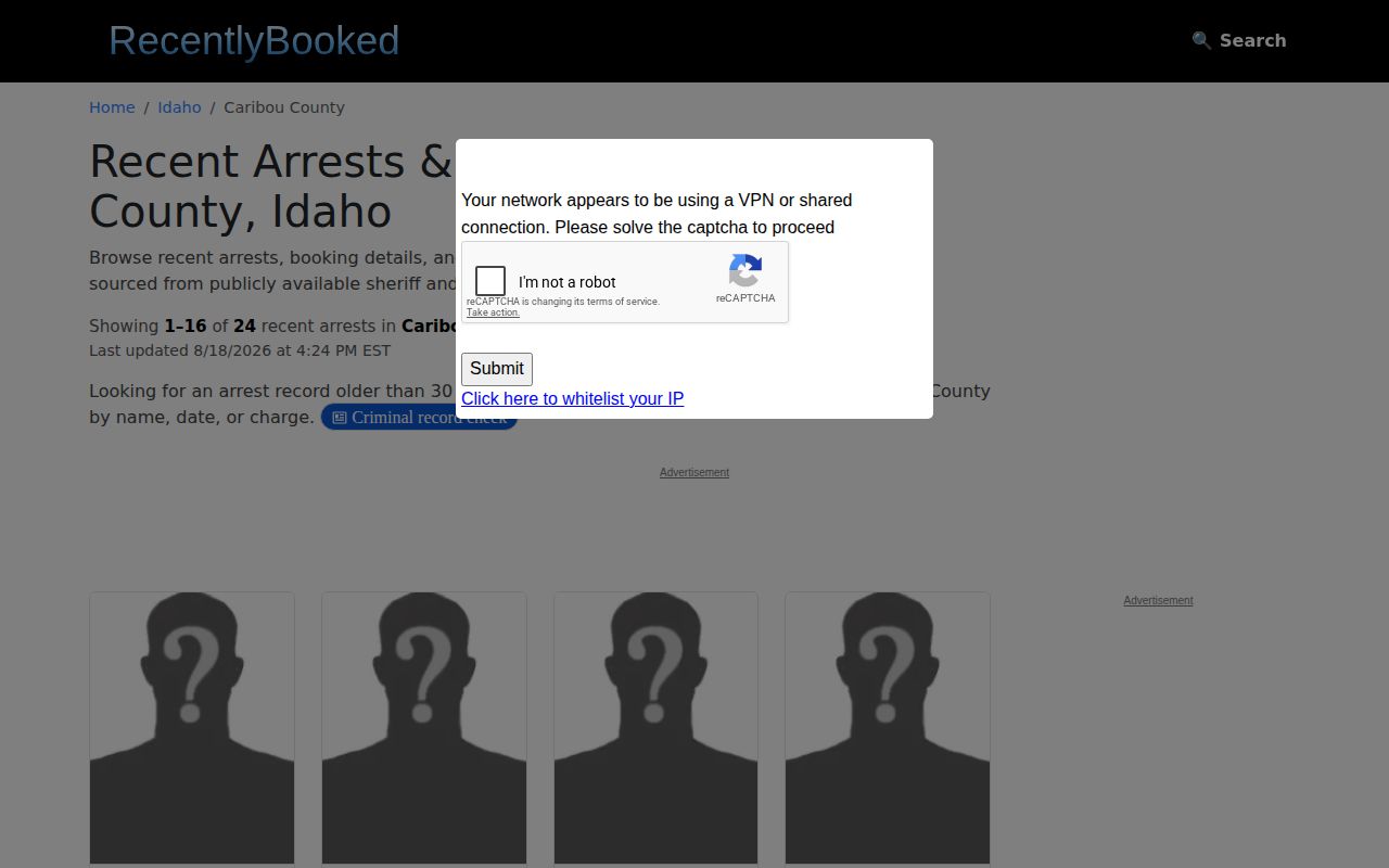 Screenshot of the RecentlyBooked Caribou County index showing a 30-day recent-arrests heading and placeholder profiles
