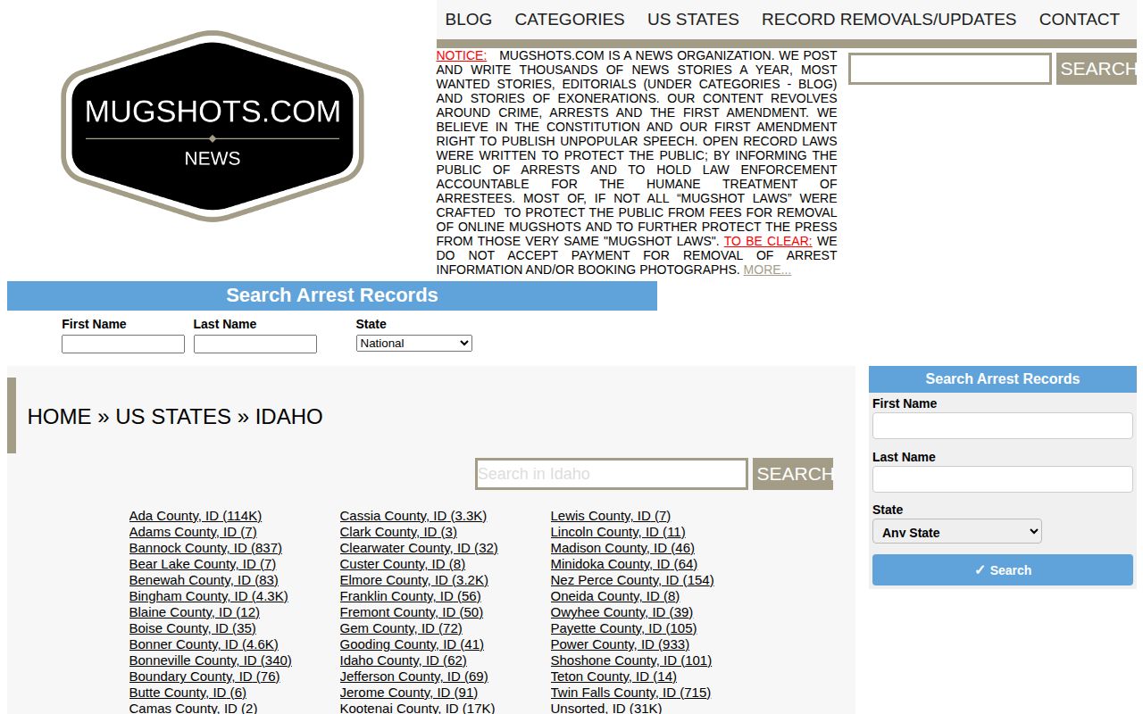 Screenshot of the Mugshots.com Idaho index showing county navigation for a historical third-party source