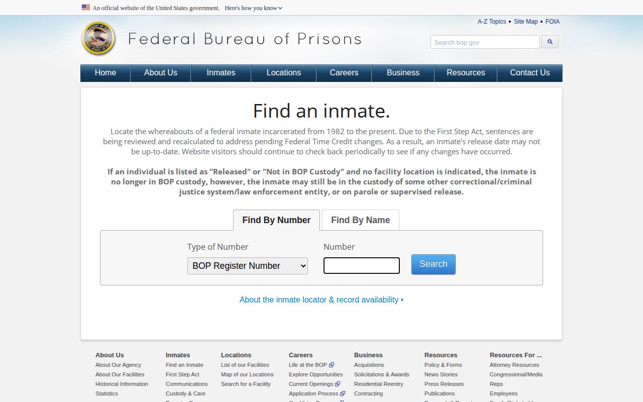 Federal Bureau of Prisons inmate locator for federal custody records related to Caribou County inquiries
