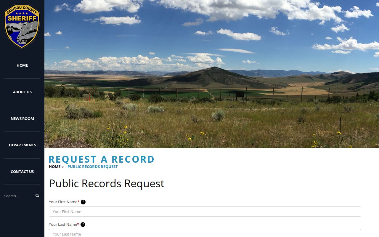 Caribou County Sheriff public-records request form for booking records and photos