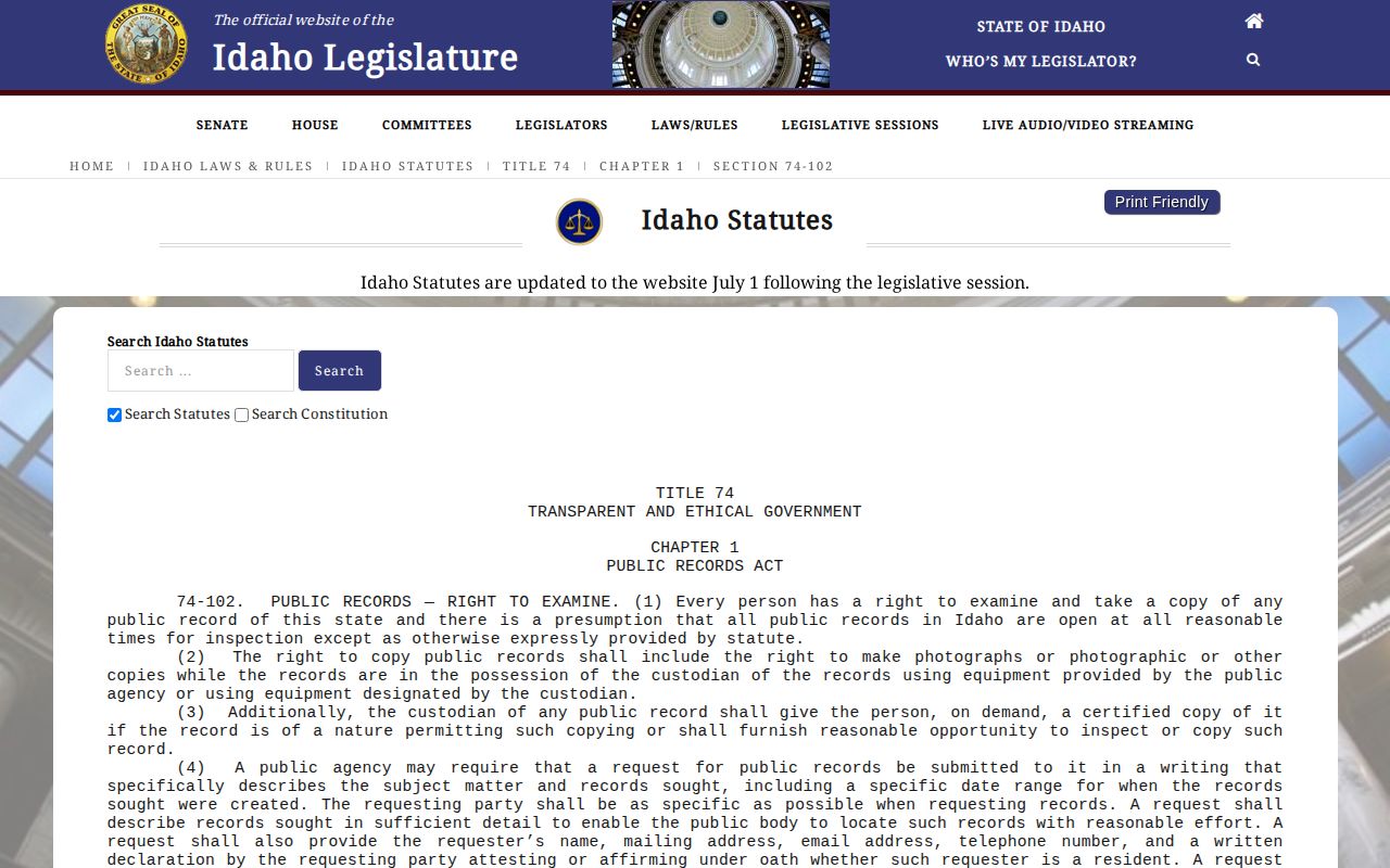 Idaho Code Title 74 public-records law page for Caribou County booking records