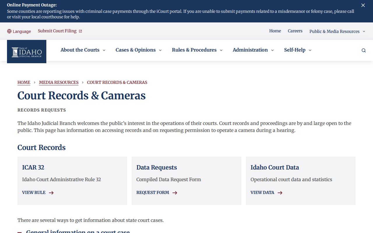 Idaho court records guidance source for Caribou County warrant and case access