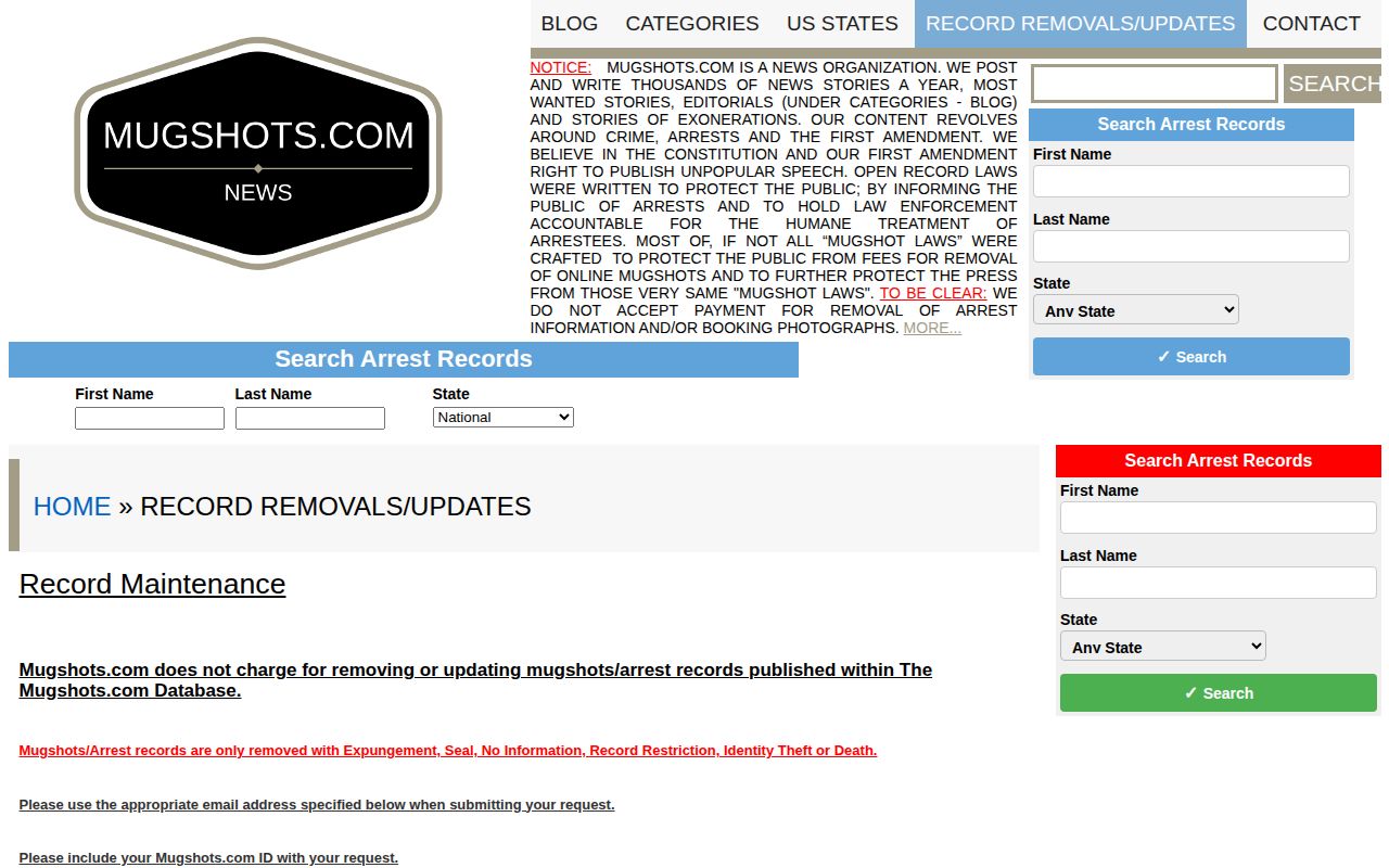 Screenshot of the Mugshots.com record maintenance page describing a free update and correction process
