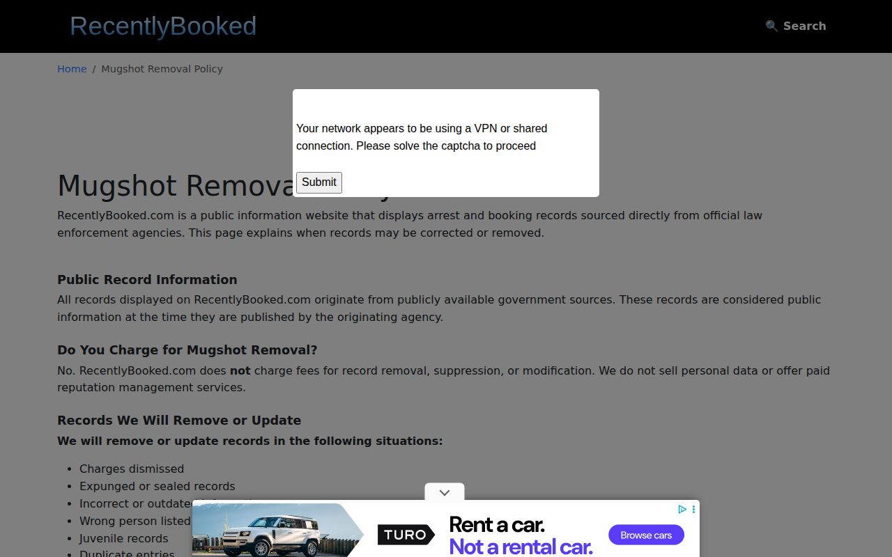 Screenshot of the RecentlyBooked correction policy page describing a free record update process